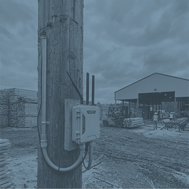 Outdoor wireless access point mounted on a pole above a lumber yard