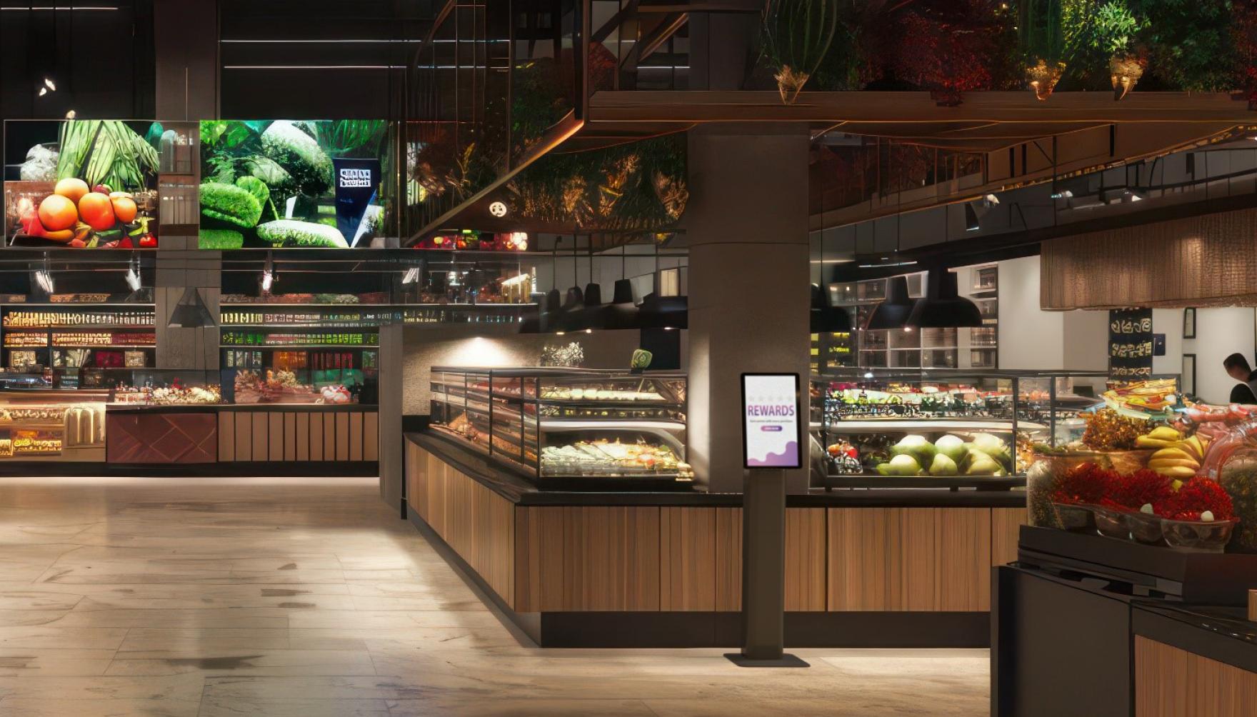 Modern grocery store with digital rewards kiosk and vibrant produce displays.