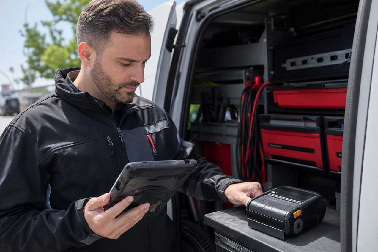 Field technician using a tablet inside a service van