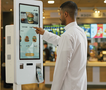 Customer using a self-service touchscreen kiosk to place a restaurant order