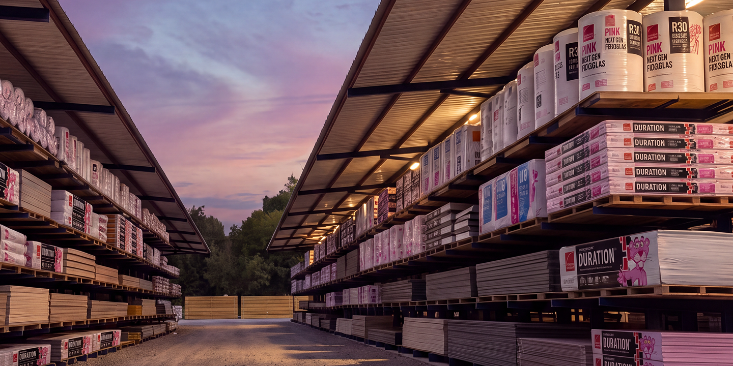 Covered lumber yard racking at dusk stocked with Owens Corning PINK insulation and Duration shingles