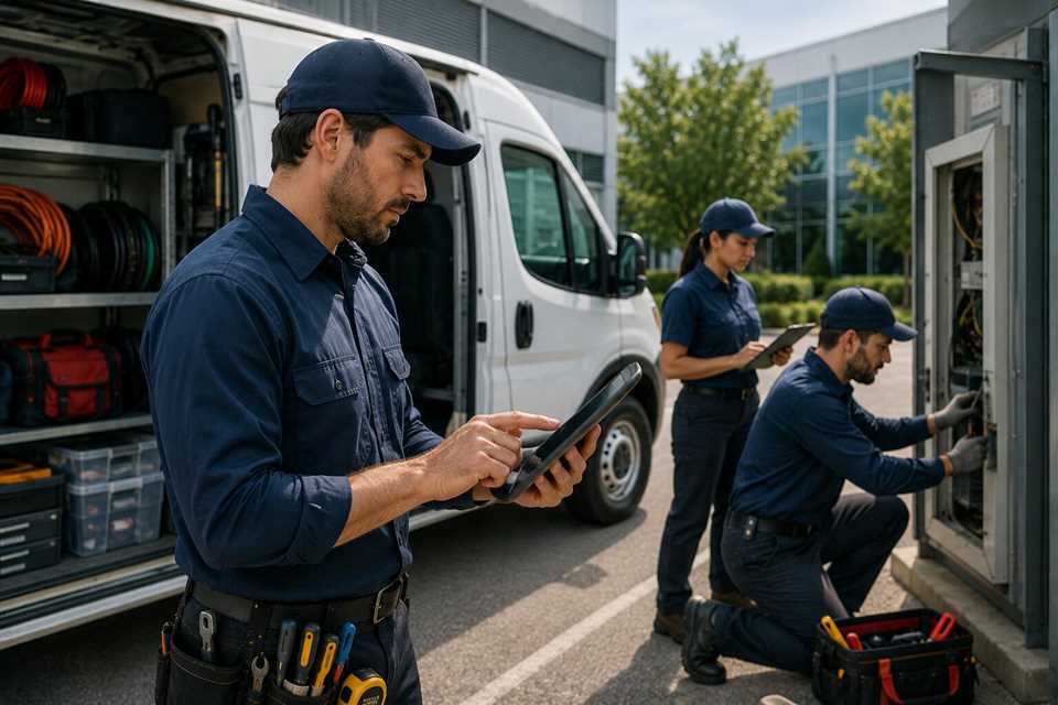 Service crew pulling equipment from a van cabinet on a customer service call
