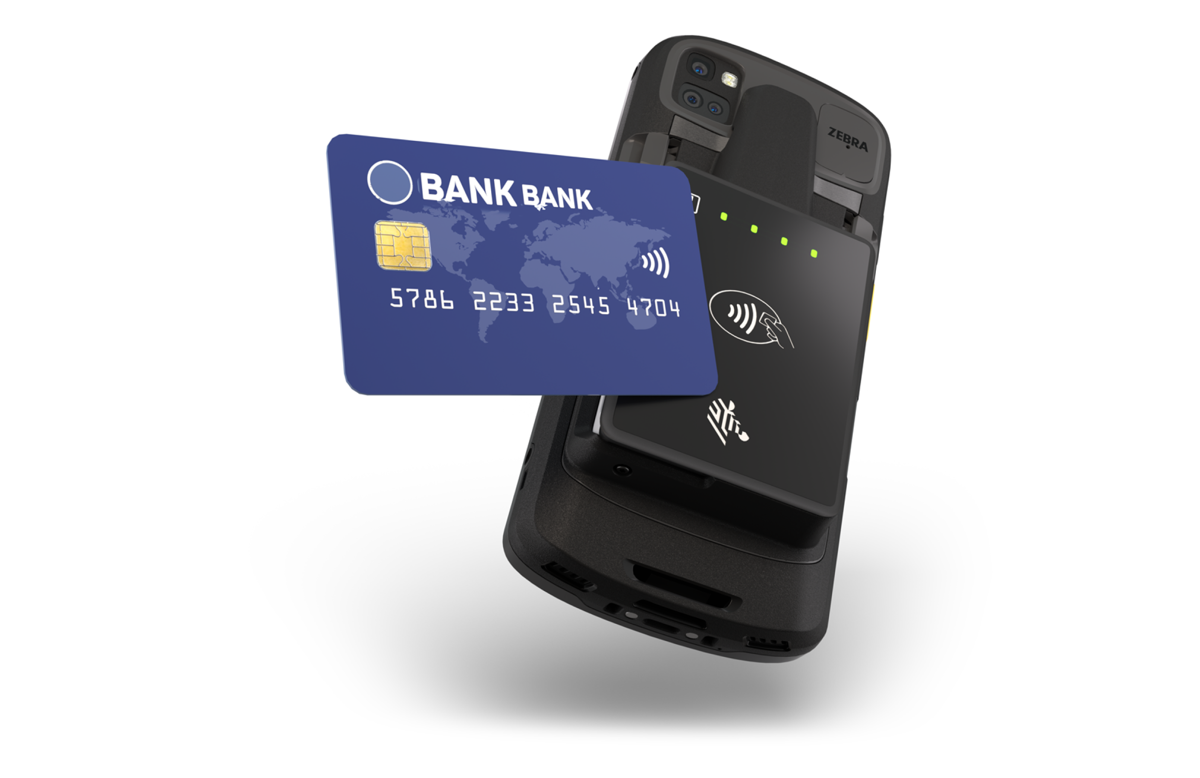 Zebra PD20 mobile POS reader product mockup with floating contactless credit card.