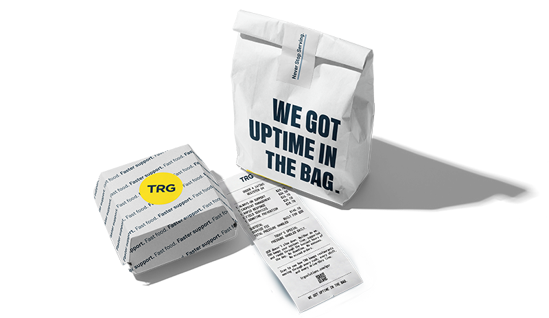 A TRG-branded takeout bag and receipt with the message: we got uptime in the bag.