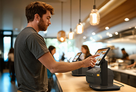 Quick service restaurant staff working a busy shift with point of sale and kitchen display systems