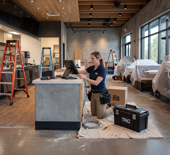 TRG technician installing and configuring POS hardware in a quick service restaurant under construction, with TRG equipment on site.